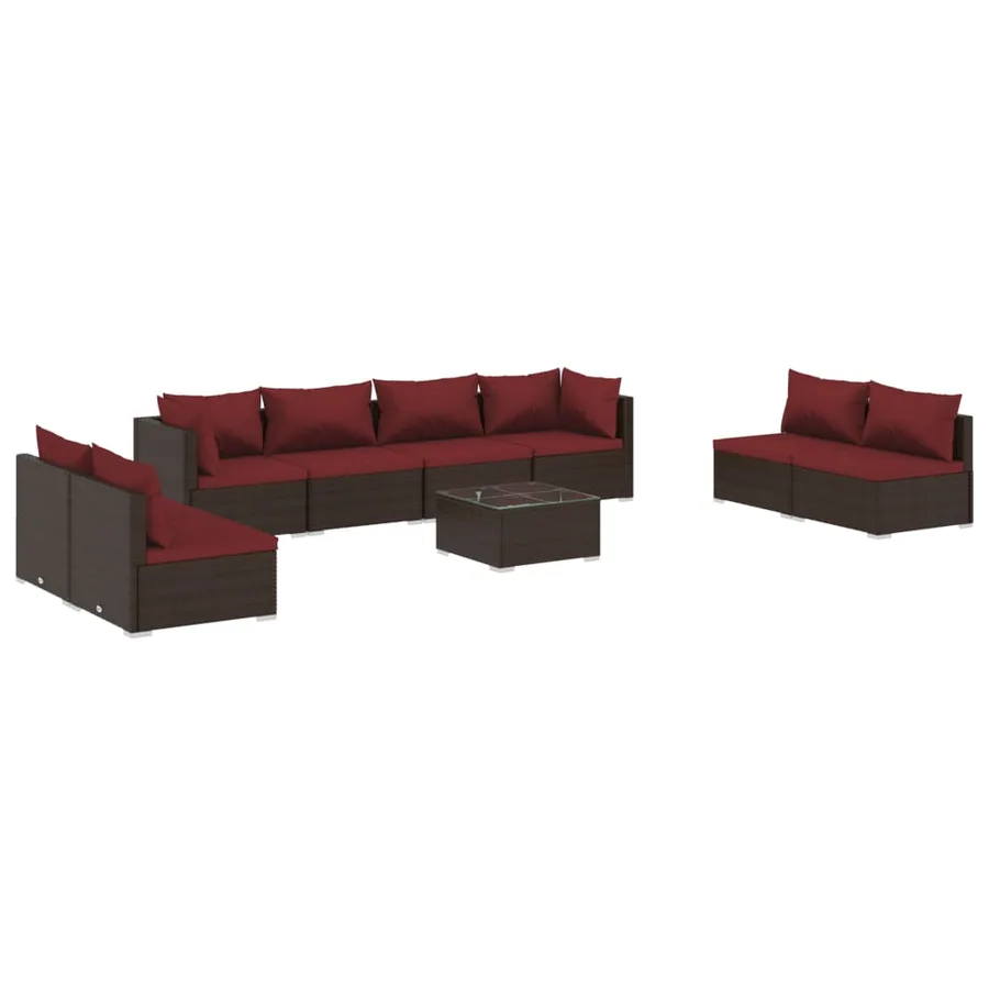 Salon de jardin 9 pcs avec coussins résine tressée marron - 2