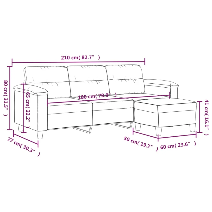 Canapé 3 places avec repose-pieds Crème 180 cm Tissu microfibre - 7