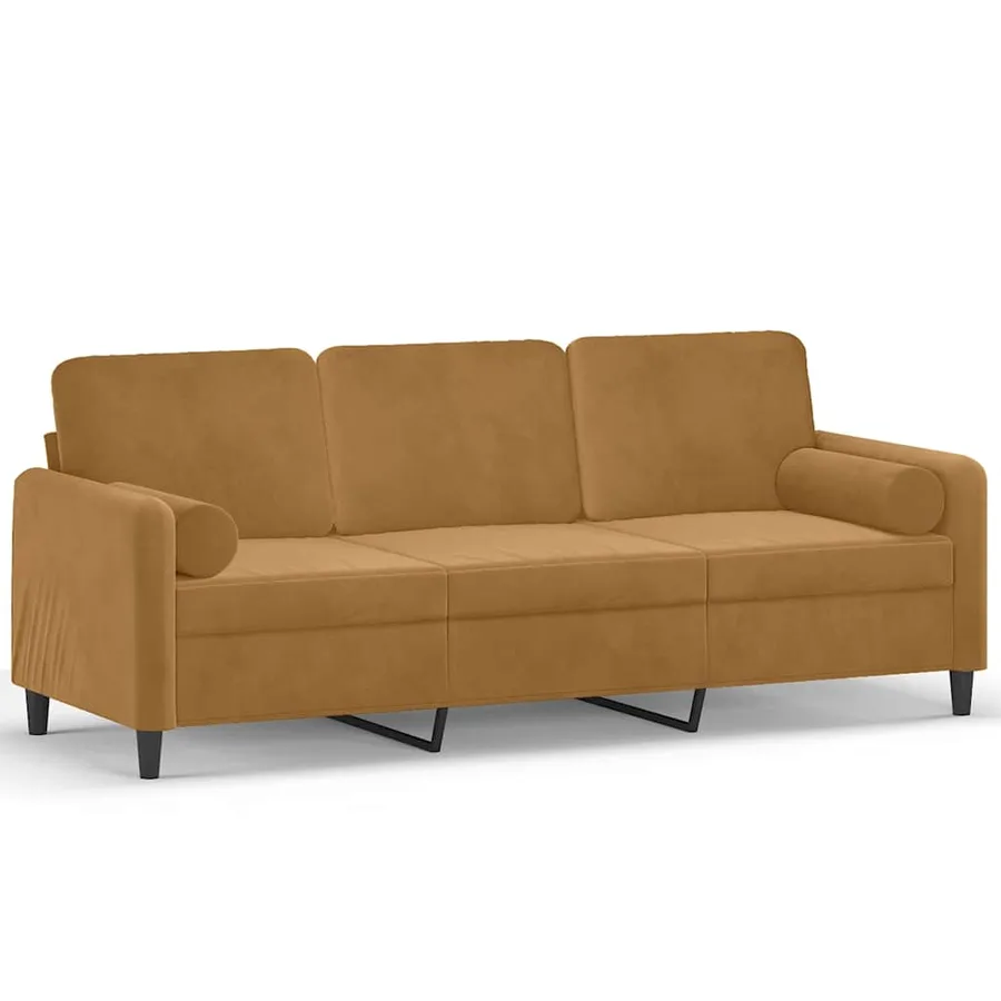 Canapé 3 places avec oreillers décoratifs marron 180 cm velours - 2