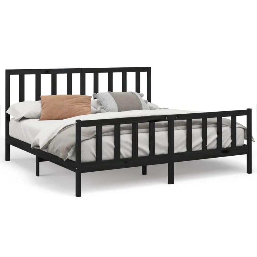 Cadre de lit sans matelas noir 200x200 cm bois massif de pin - 2