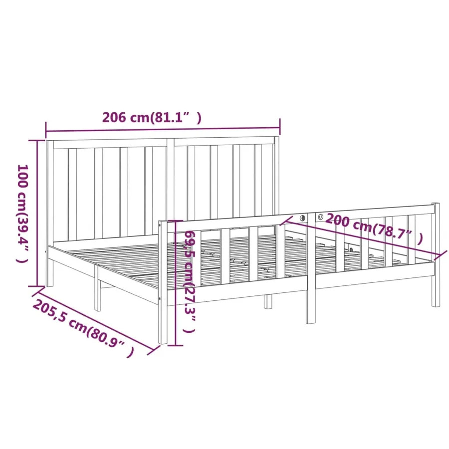 Cadre de lit sans matelas noir 200x200 cm bois massif de pin - 6