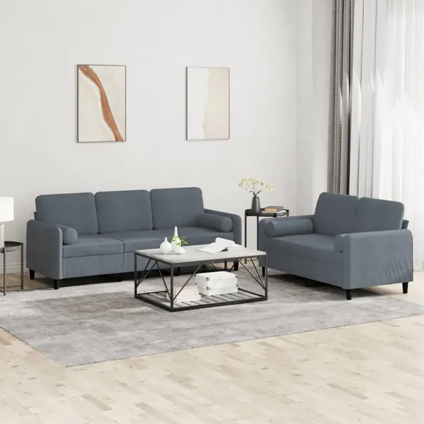 Ensemble de canapés 2 pcs avec coussins gris foncé velours