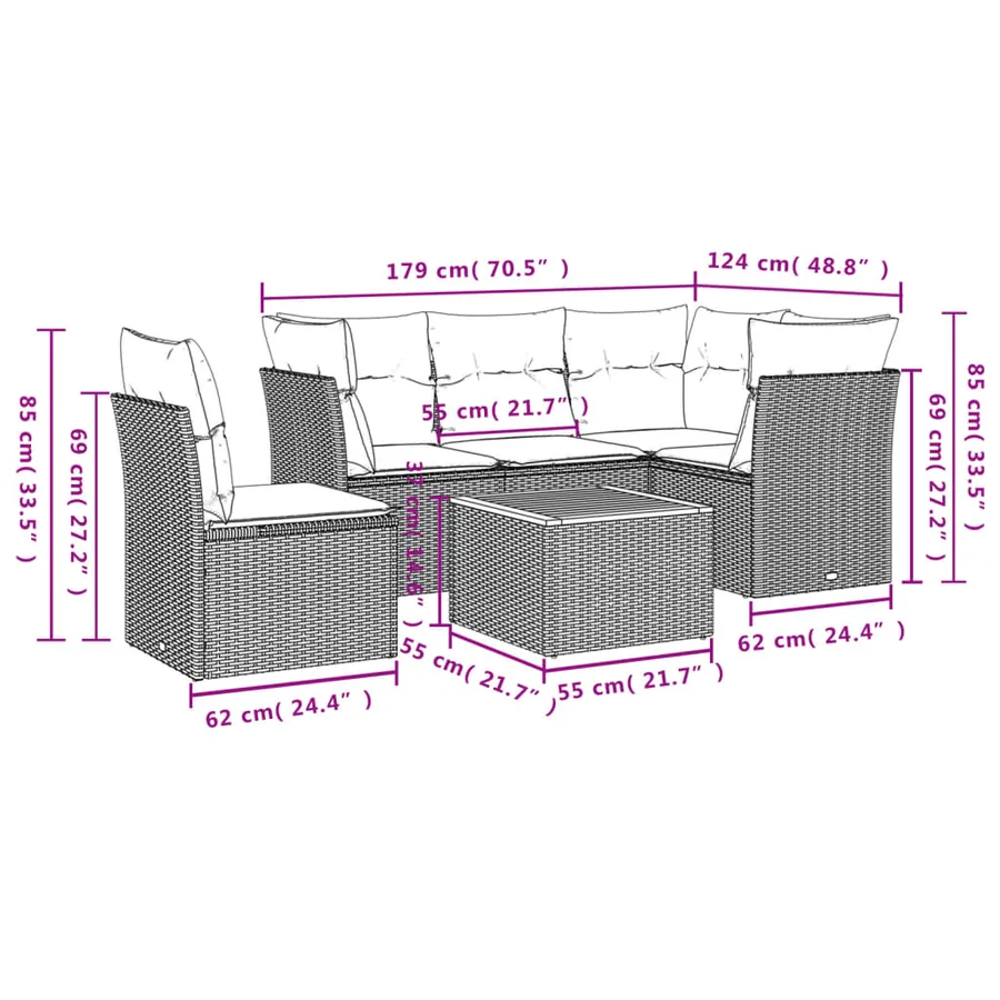 Salon de jardin 6 pcs avec coussins gris résine tressée - 3