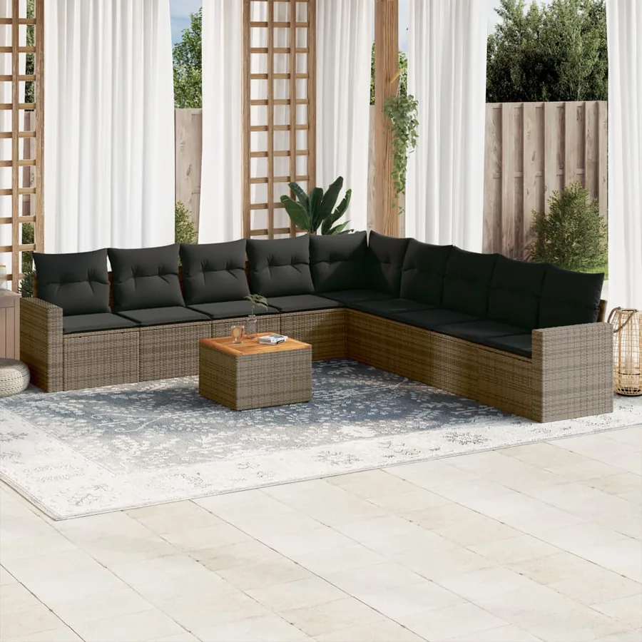 Salon de jardin avec coussins 10 pcs gris résine tressée