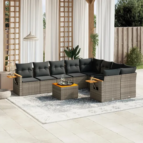 Salon de jardin avec coussins 10 pcs gris résine tressée