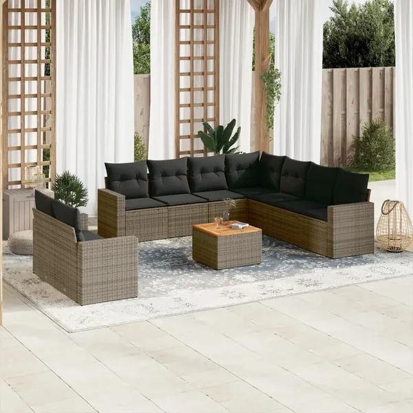Salon de jardin avec coussins 10 pcs gris résine tressée