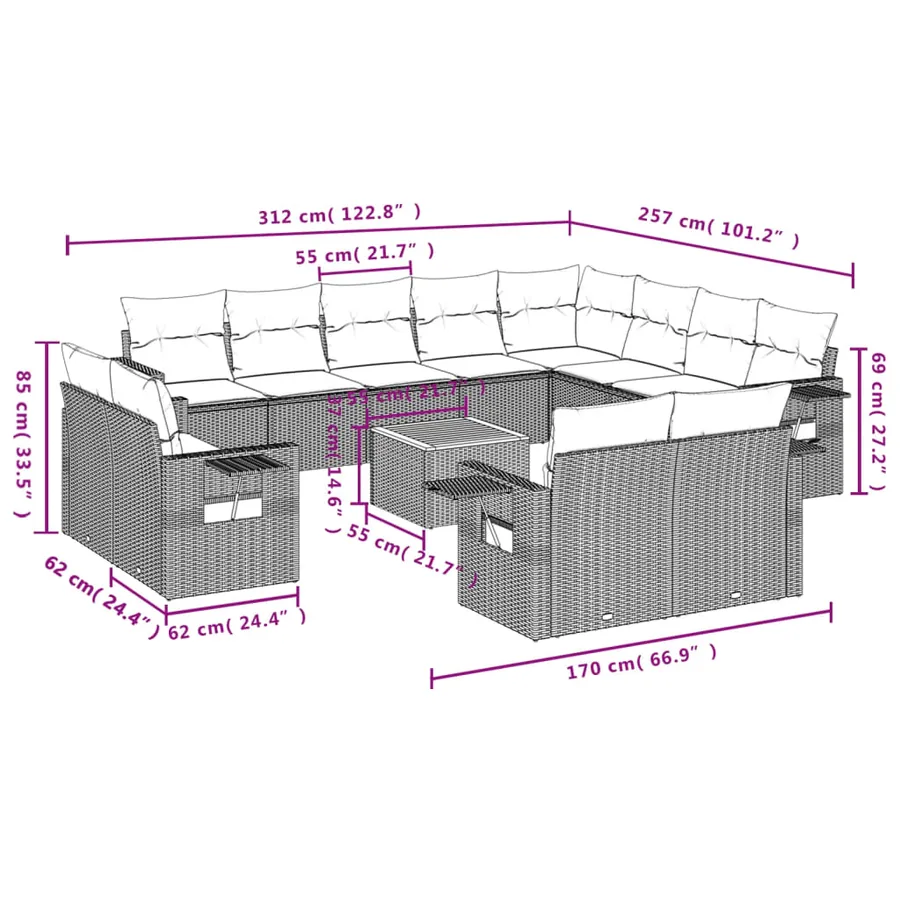 Salon de jardin avec coussins 13 pcs gris résine tressée - 9