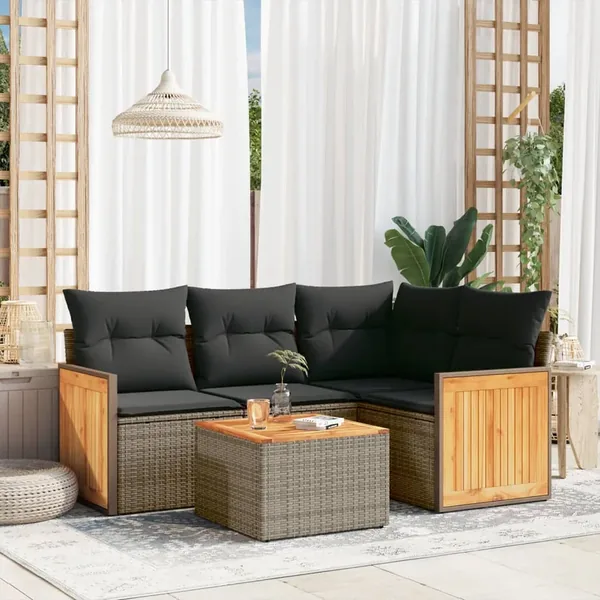 Salon de jardin 5 pcs avec coussins gris résine tressée