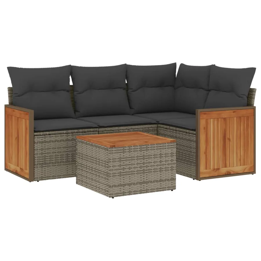 Salon de jardin 5 pcs avec coussins gris résine tressée - 2