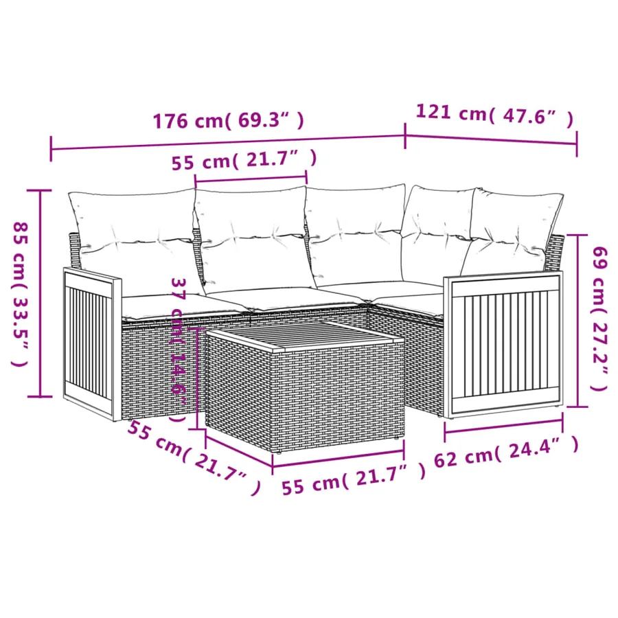 Salon de jardin 5 pcs avec coussins gris résine tressée - 8