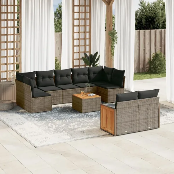 Salon de jardin avec coussins 10 pcs gris résine tressée