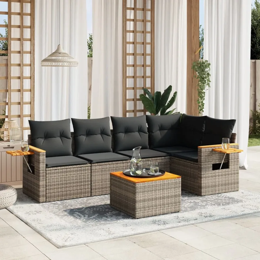 Salon de jardin 6 pcs avec coussins gris résine tressée