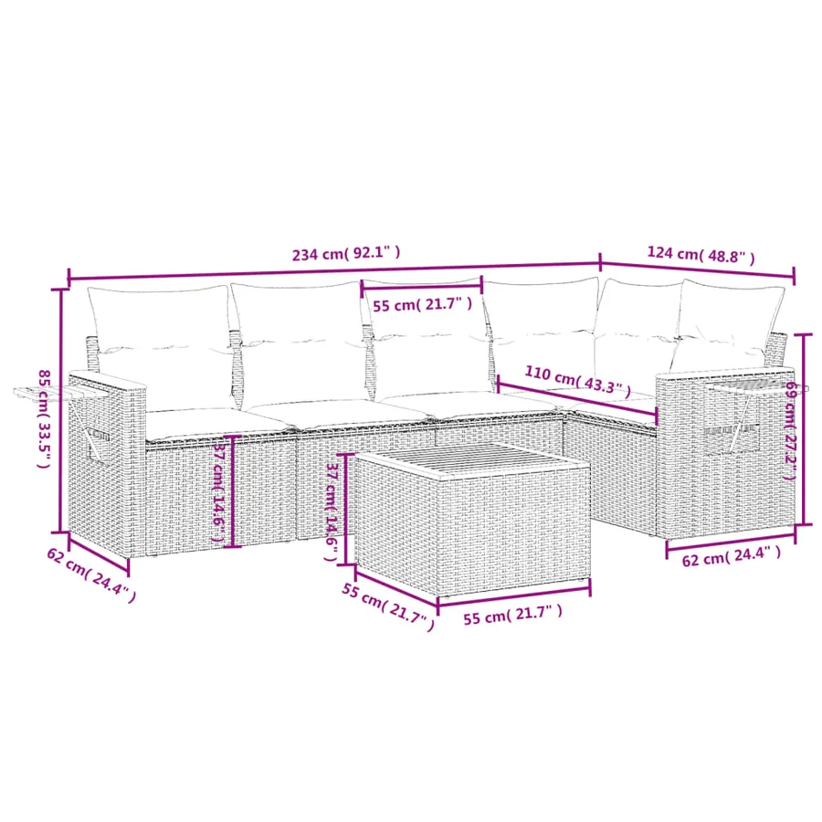 Salon de jardin 6 pcs avec coussins gris résine tressée - 9