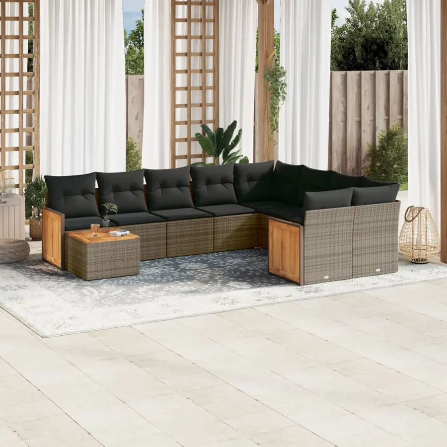 Salon de jardin avec coussins 10 pcs gris résine tressée