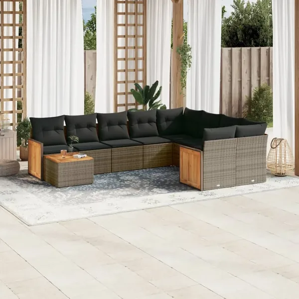 Salon de jardin avec coussins 10 pcs gris résine tressée