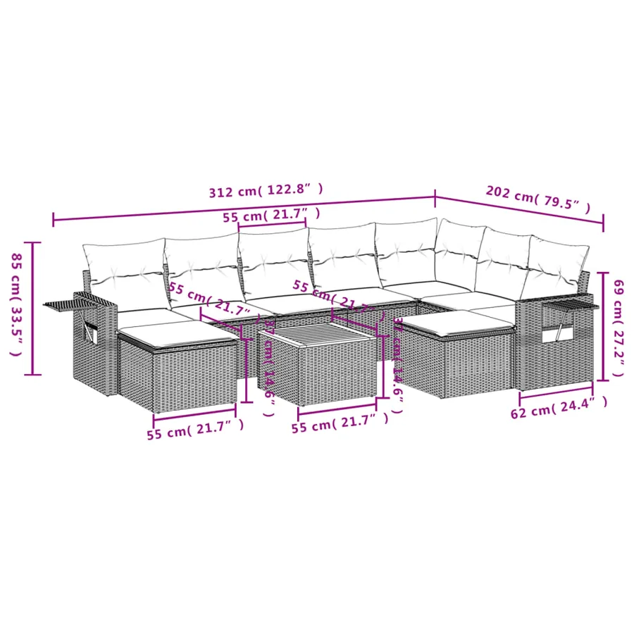 Salon de jardin avec coussins 10 pcs gris résine tressée - 10
