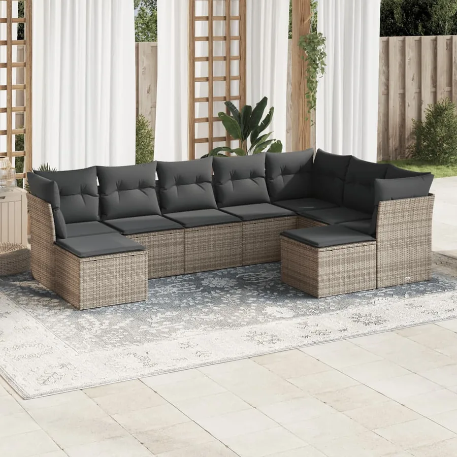 Salon de jardin 9 pcs avec coussins gris résine tressée