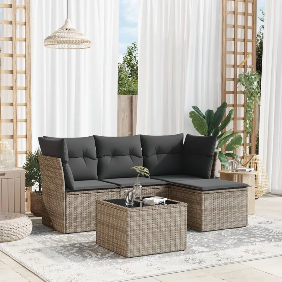 Salon de jardin 5 pcs avec coussins gris résine tressée