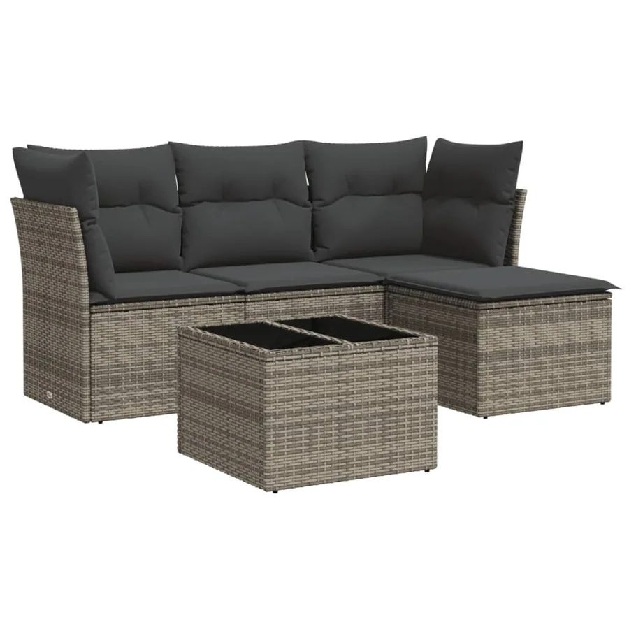 Salon de jardin 5 pcs avec coussins gris résine tressée - 2