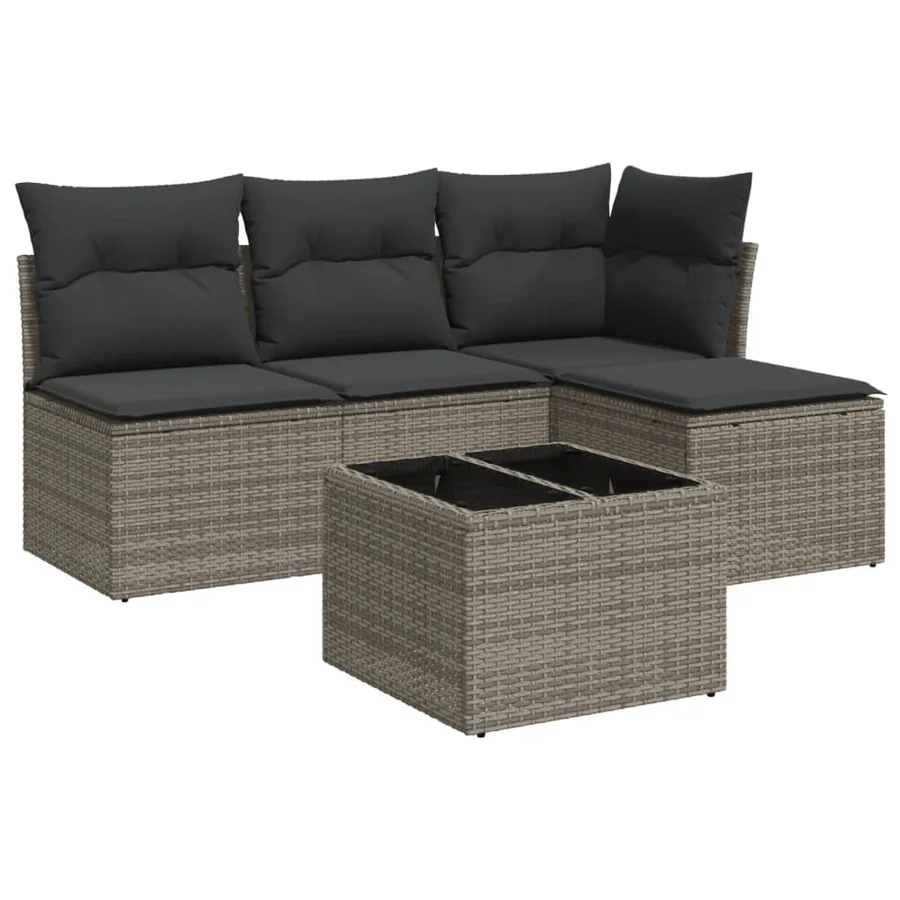 Salon de jardin 5 pcs avec coussins gris résine tressée - 2