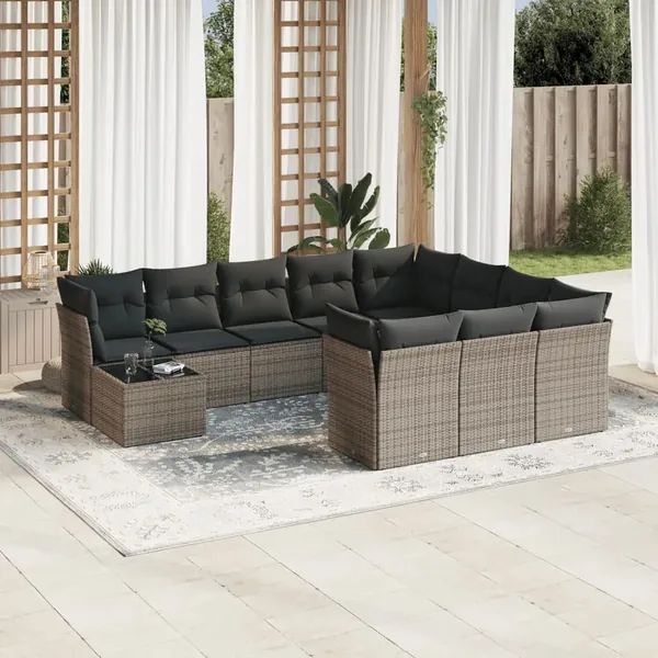 Salon de jardin 11 pcs avec coussins gris résine tressée