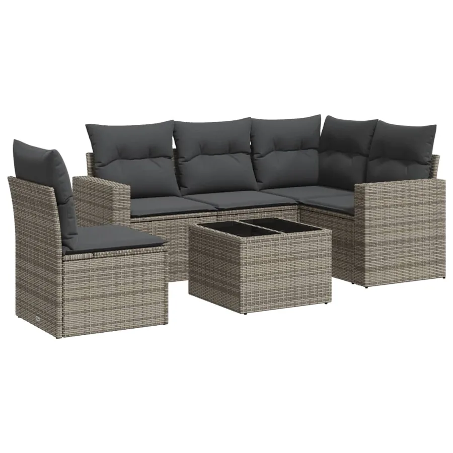 Salon de jardin 6 pcs avec coussins gris résine tressée - 2