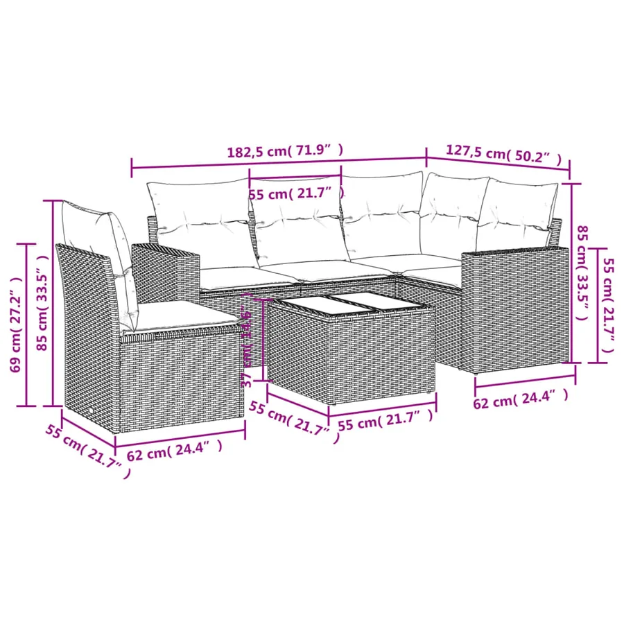 Salon de jardin 6 pcs avec coussins gris résine tressée - 3