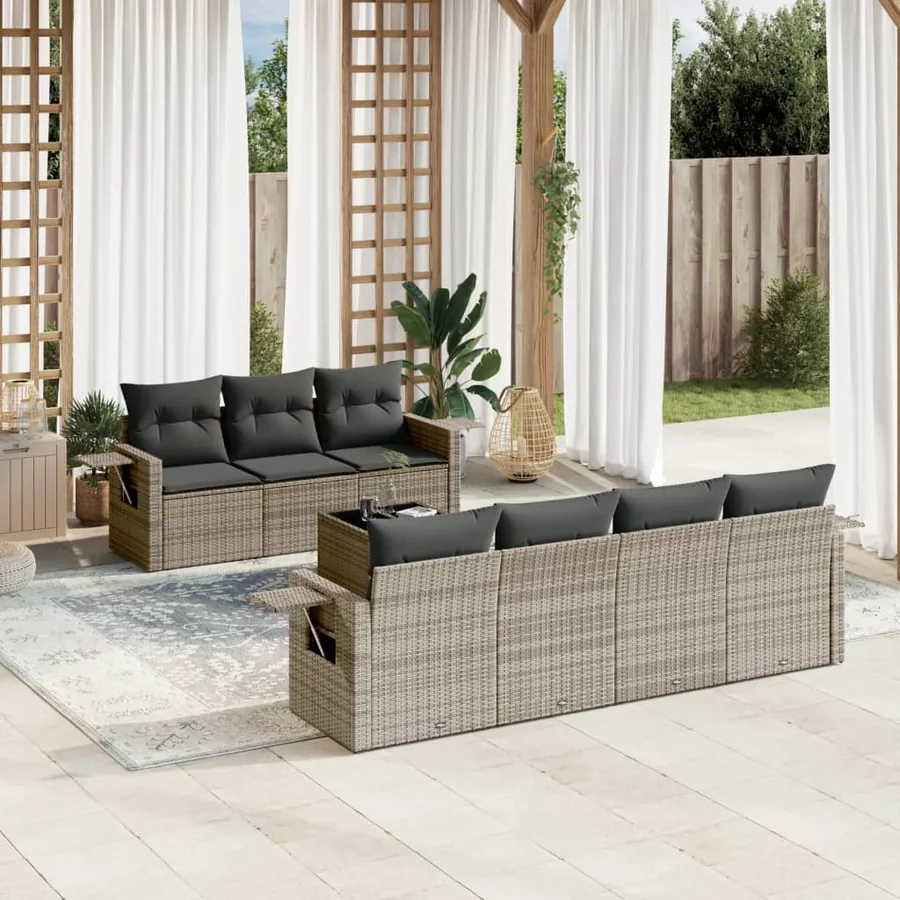 Salon de jardin 8 pcs avec coussins gris résine tressée