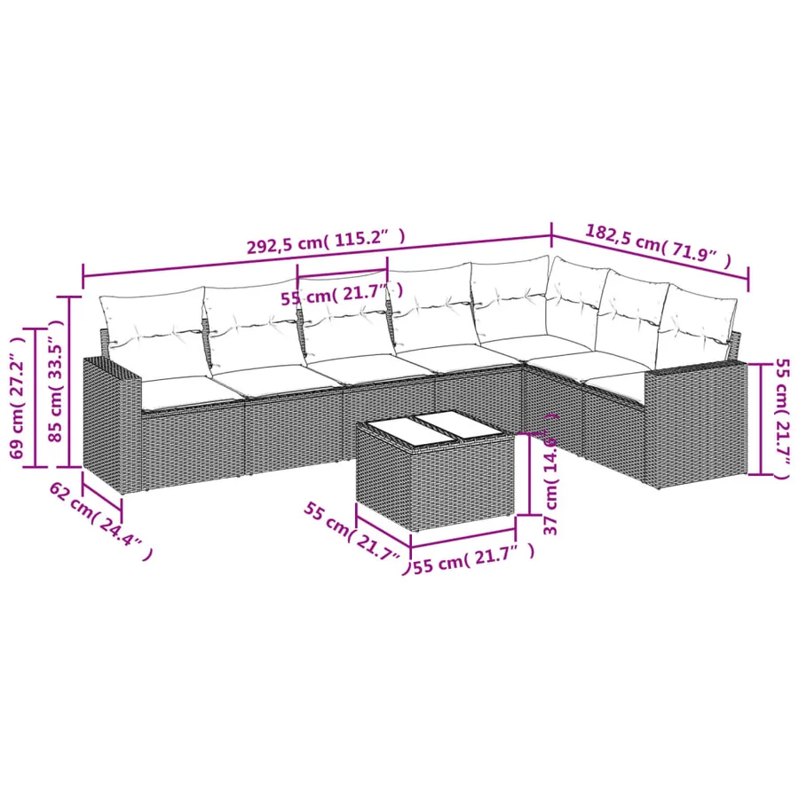 Salon de jardin 8 pcs avec coussins gris résine tressée - 3