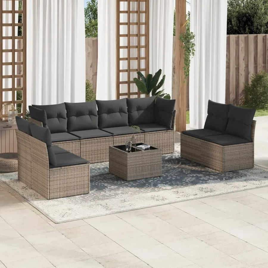 Salon de jardin 9 pcs avec coussins gris résine tressée