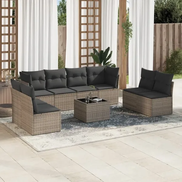 Salon de jardin 9 pcs avec coussins gris résine tressée
