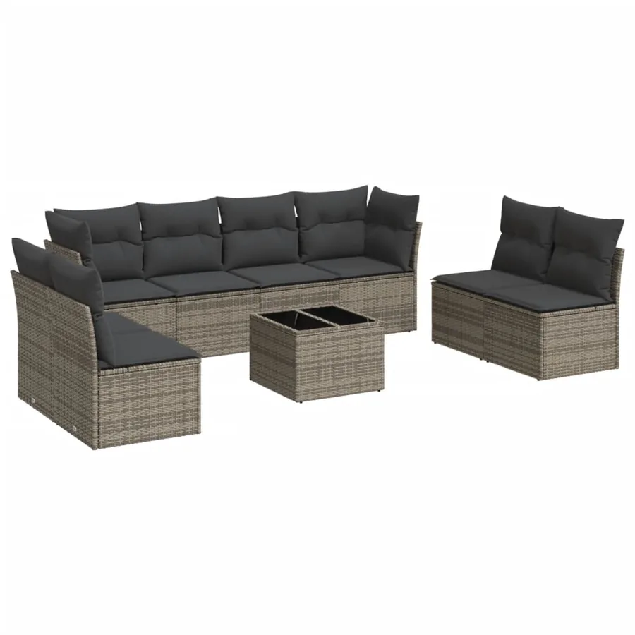 Salon de jardin 9 pcs avec coussins gris résine tressée - 2
