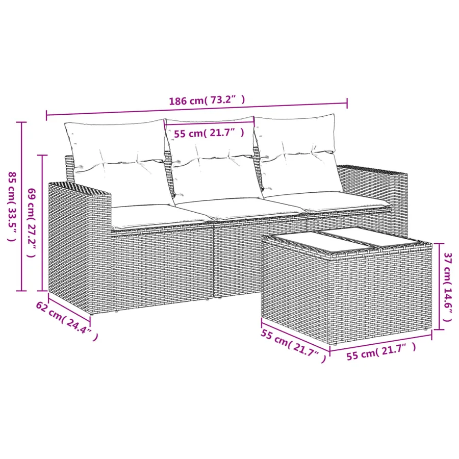 Salon de jardin 4 pcs avec coussins gris résine tressée - 3