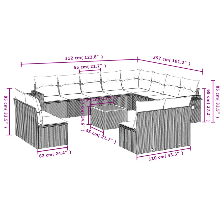 Salon de jardin et coussins 13 pcs mélange beige résine tressée - 3