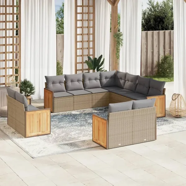 Salon de jardin 11 pcs avec coussins beige résine tressée
