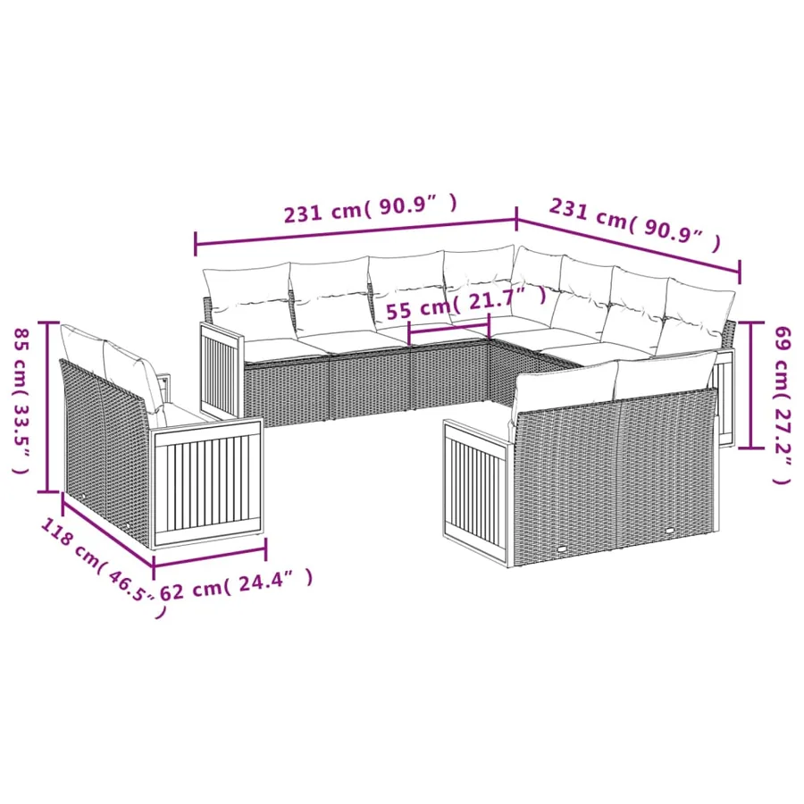 Salon de jardin 11 pcs avec coussins beige résine tressée - 3