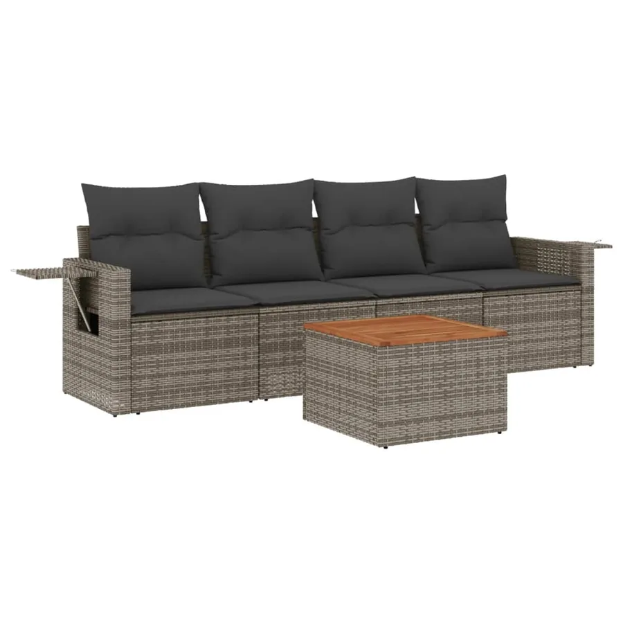 Salon de jardin 5 pcs avec coussins gris résine tressée - 2