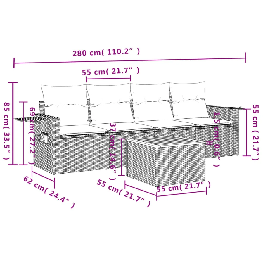 Salon de jardin 5 pcs avec coussins gris résine tressée - 3
