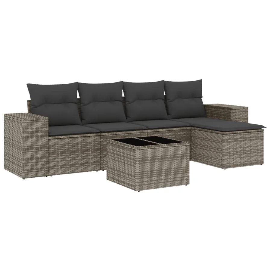 Salon de jardin 6 pcs avec coussins gris résine tressée - 2