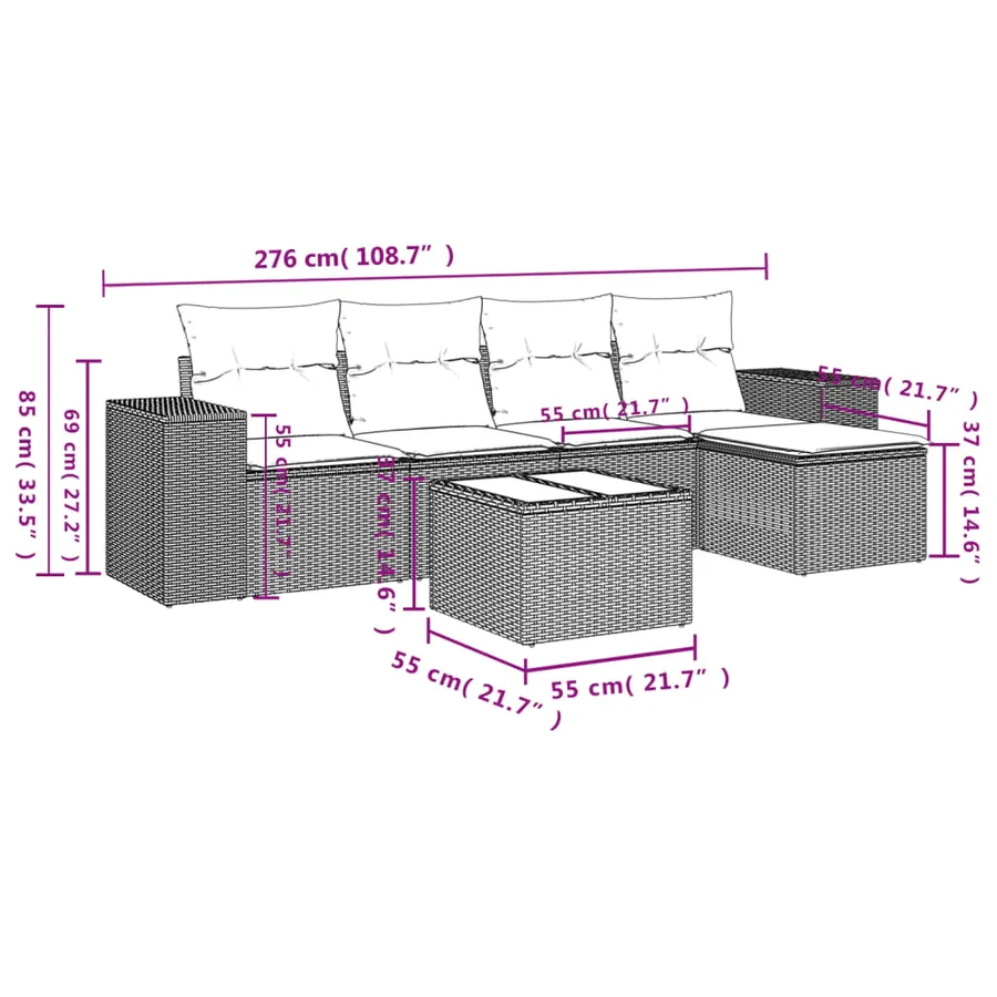 Salon de jardin 6 pcs avec coussins gris résine tressée - 3