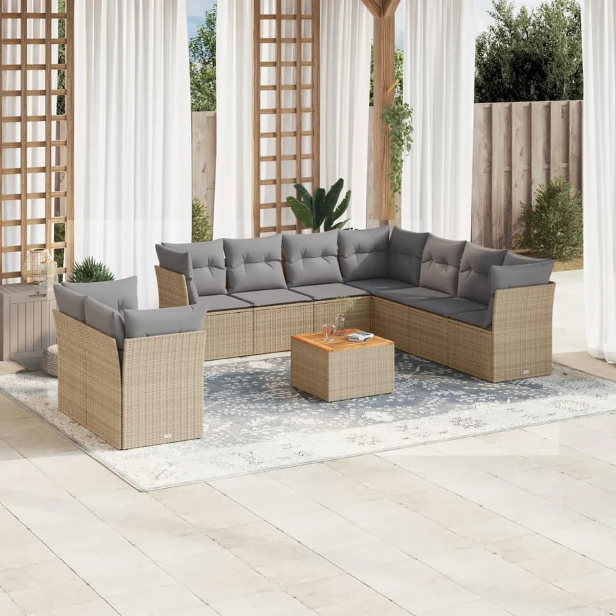 Salon de jardin et coussins 11 pcs mélange beige résine tressée