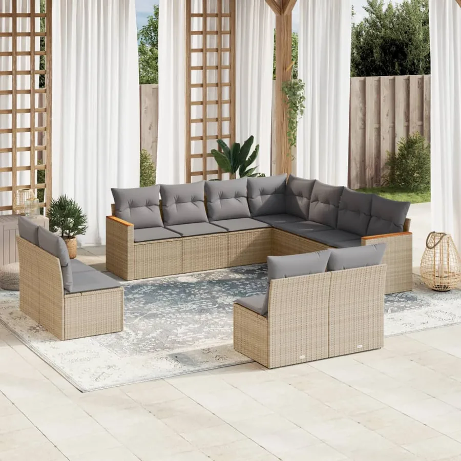 Salon de jardin 11 pcs avec coussins beige résine tressée