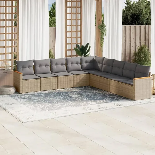 Salon de jardin avec coussins 9 pcs beige résine tressée