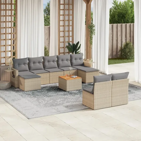 Salon de jardin et coussins 10 pcs mélange beige résine tressée