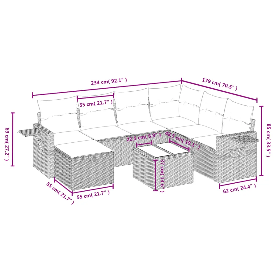 Salon de jardin 8 pcs avec coussins gris résine tressée - 4