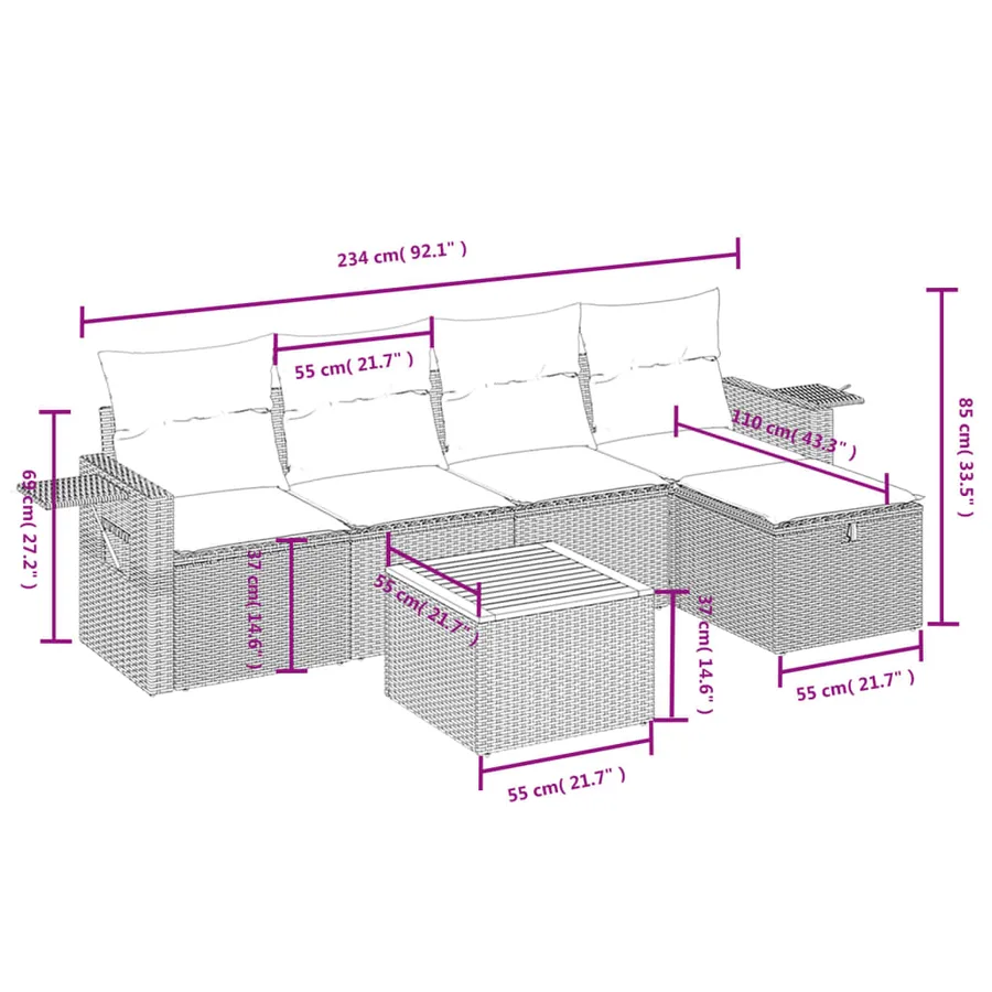 Salon de jardin 6 pcs avec coussins gris résine tressée - 4