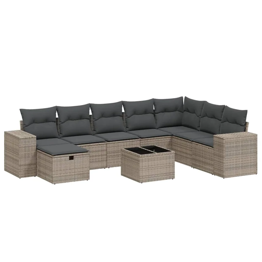 Salon de jardin 9 pcs avec coussins gris résine tressée - 2