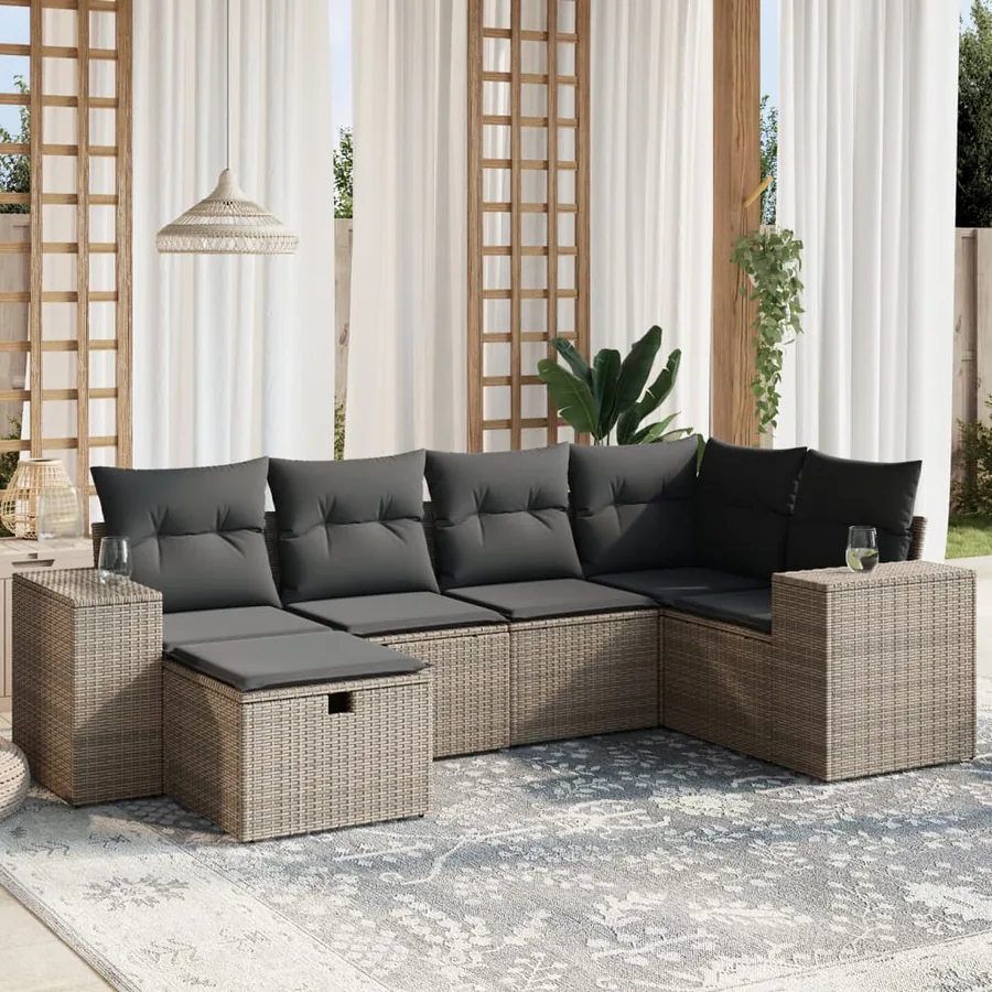 Salon de jardin 6 pcs avec coussins gris résine tressée