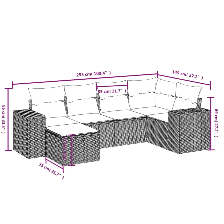 Salon de jardin 6 pcs avec coussins gris résine tressée - 4