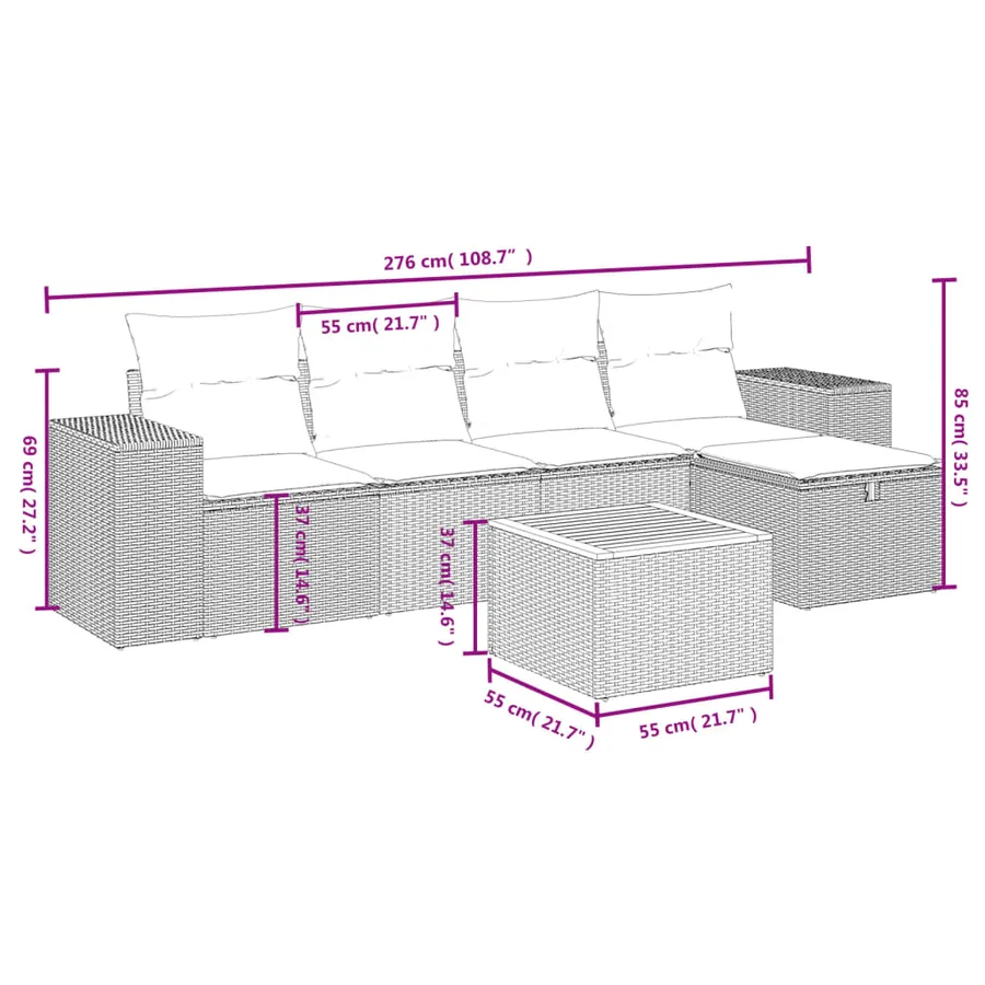 Salon de jardin 6 pcs avec coussins gris résine tressée - 4
